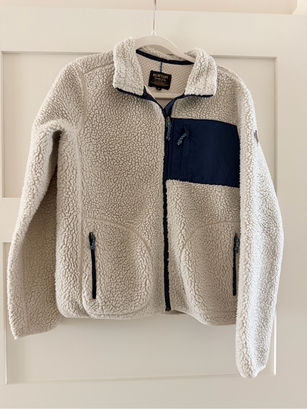 Burton Women Cream Sherpa Fleece Jacket with Navy Chest Pocket